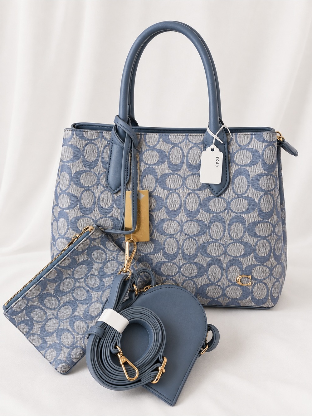 Blue Signature-Print Tote with Detachable Pouch and Heart Crossbody